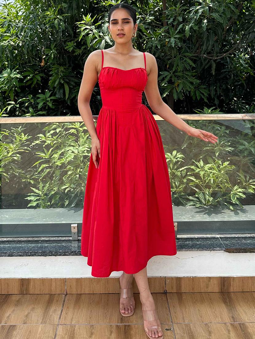 women red solid shoulder strap fit & flare dress - 21981810 - Standard Image - 1