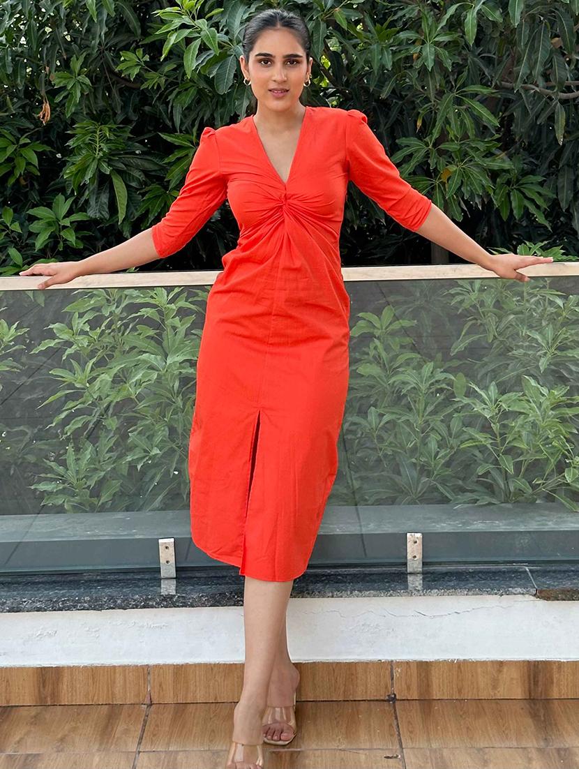 women orange solid puff sleeve sheath dress - 21981811 -  Standard Image - 1