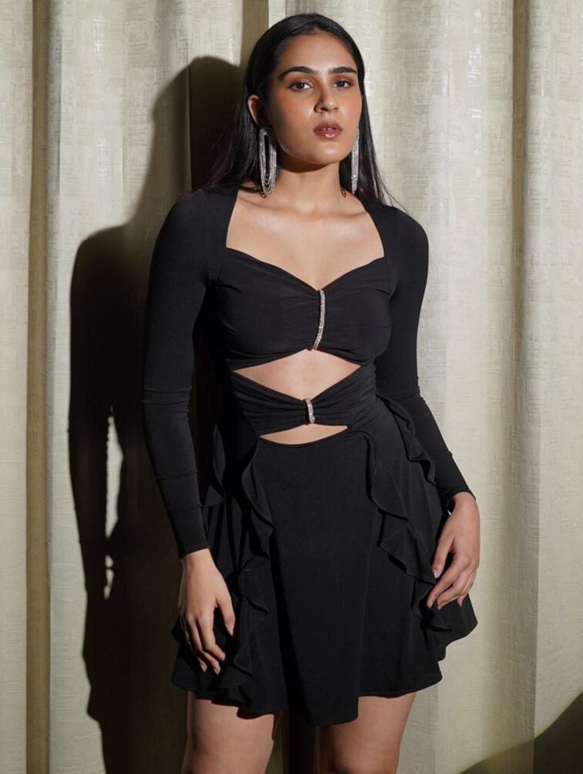 women black solid long sleeve cut out ruffle dress - 21981812 - Standard Image - 1