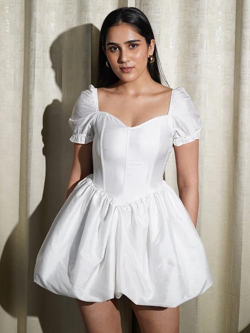 women white solid puff sleeve ballon dress - 21981817 - Standard Image - 0