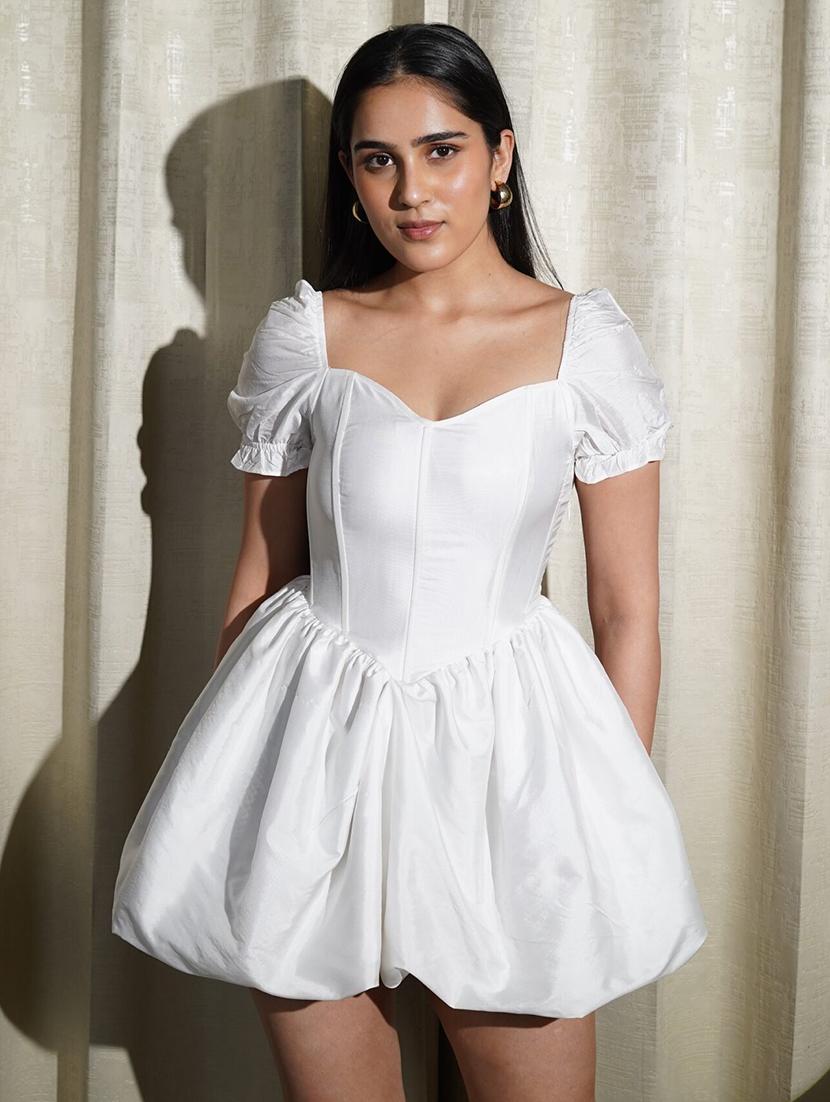 women white solid puff sleeve ballon dress - 21981817 - Zoom Image - 0