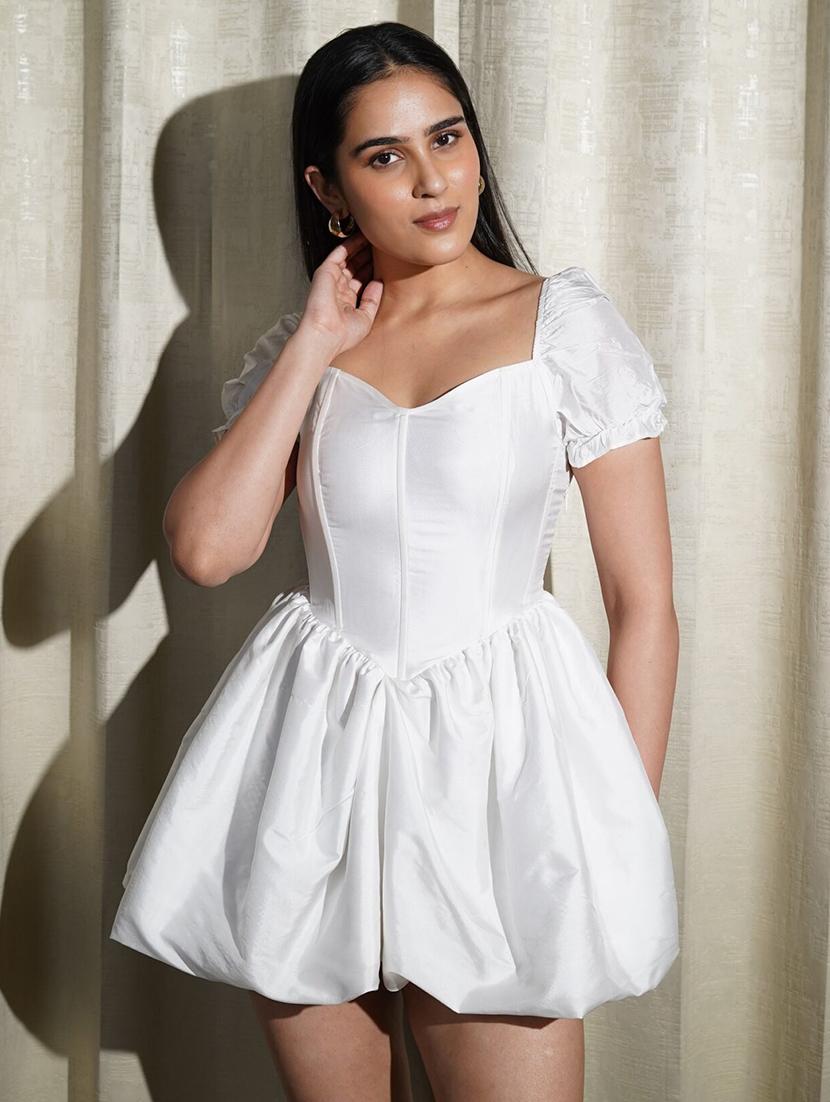 women white solid puff sleeve ballon dress - 21981817 - Standard Image - 4