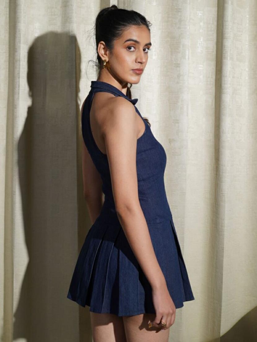 women solid halter neck sleeveless pleated denim dress - 21981820 - Standard Image - 1