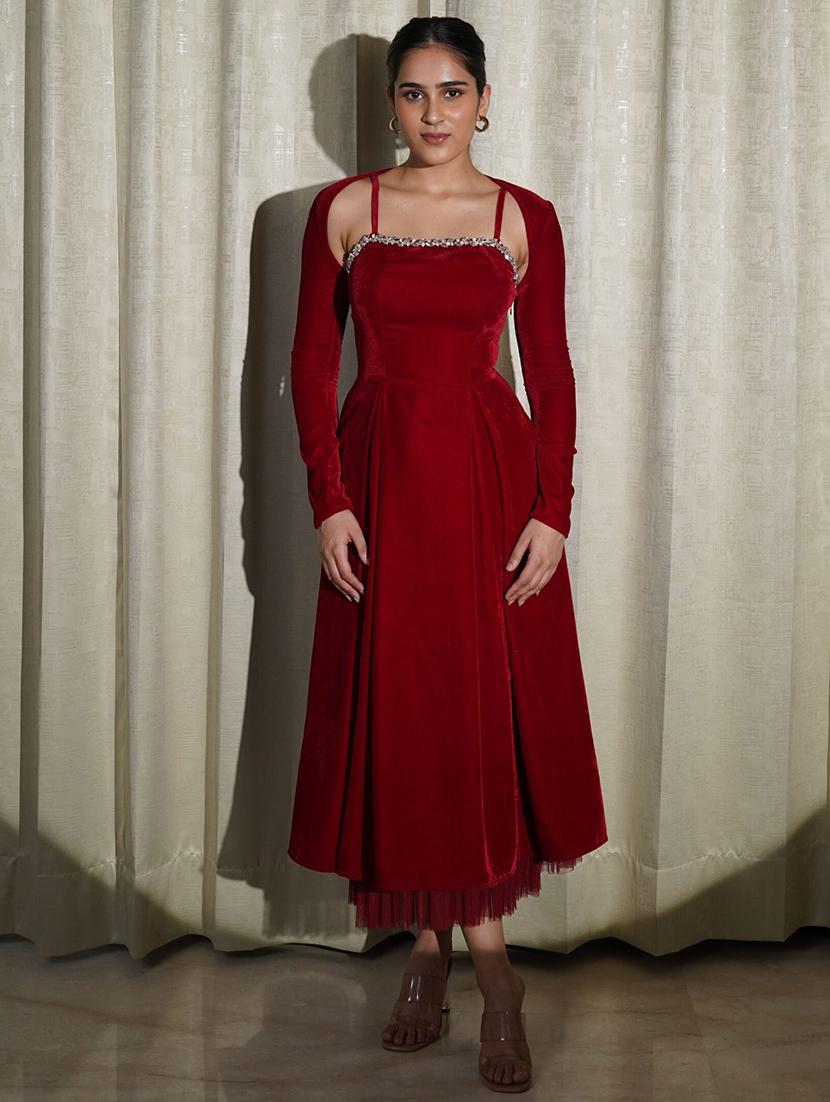 women solid shoulder strap velvet fit & flare dress - 21981826 -  Zoom Image - 0