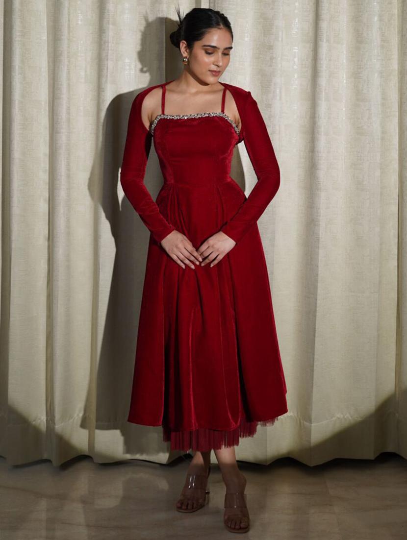 women solid shoulder strap velvet fit & flare dress - 21981826 - Standard Image - 1