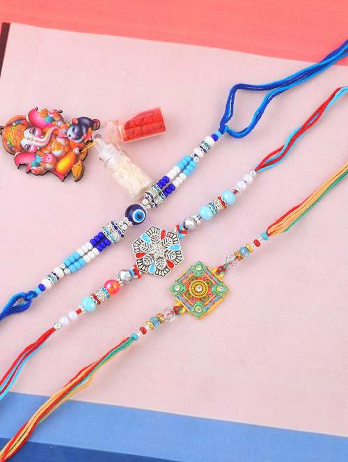 pack of 3 beaded rakhi set with roli and chawal - 21981835 - Standard Image - 0