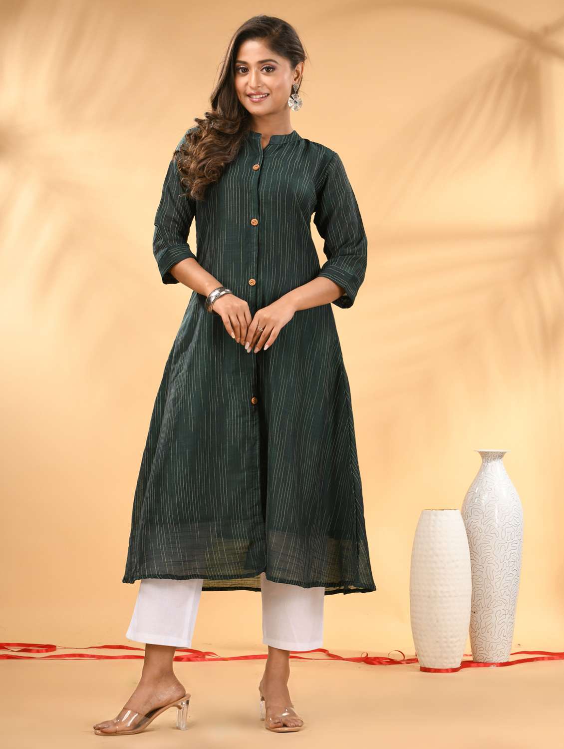 women self design three quarter sleeve a-line kurta
