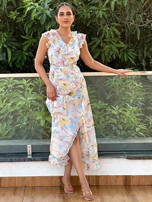 women printed sleeveless ruffle maxi dress - 21981848 -  Standard Image - 0
