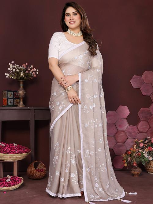 women beige embroidered saree with blouse - 21981931 - Standard Image - 0