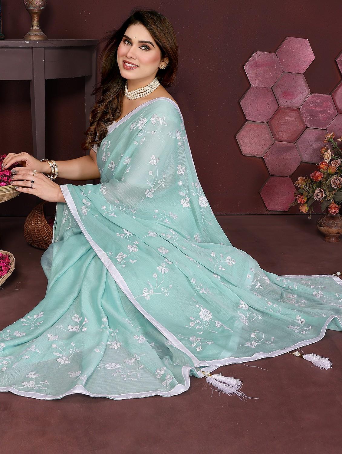 women turquoise embroidered saree with blouse - 21981932 - Standard Image - 1