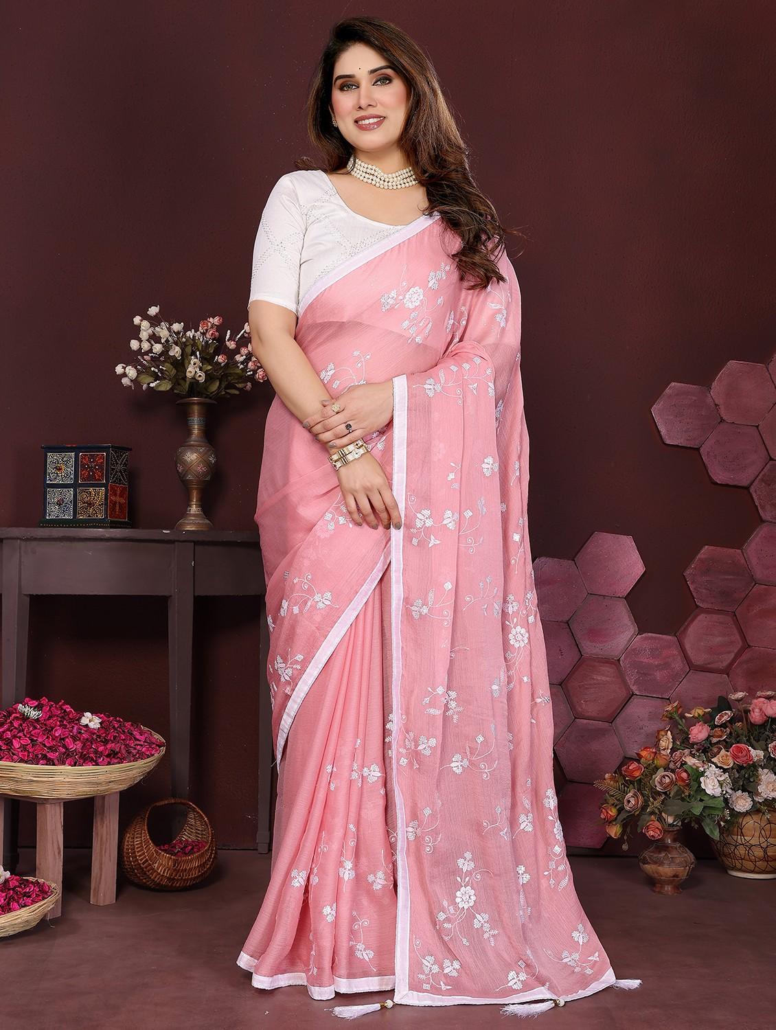 women pink embroidered saree with blouse - 21981934 - Standard Image - 1
