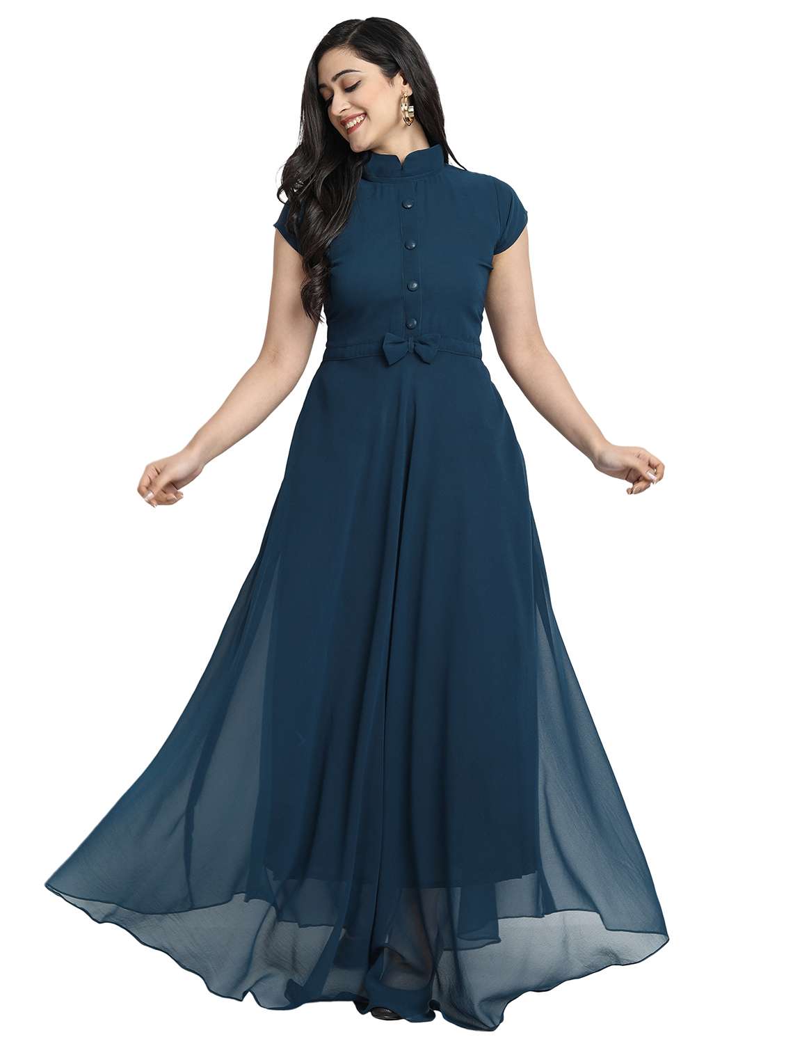 women solid mandarin neck fit & flare maxi dress