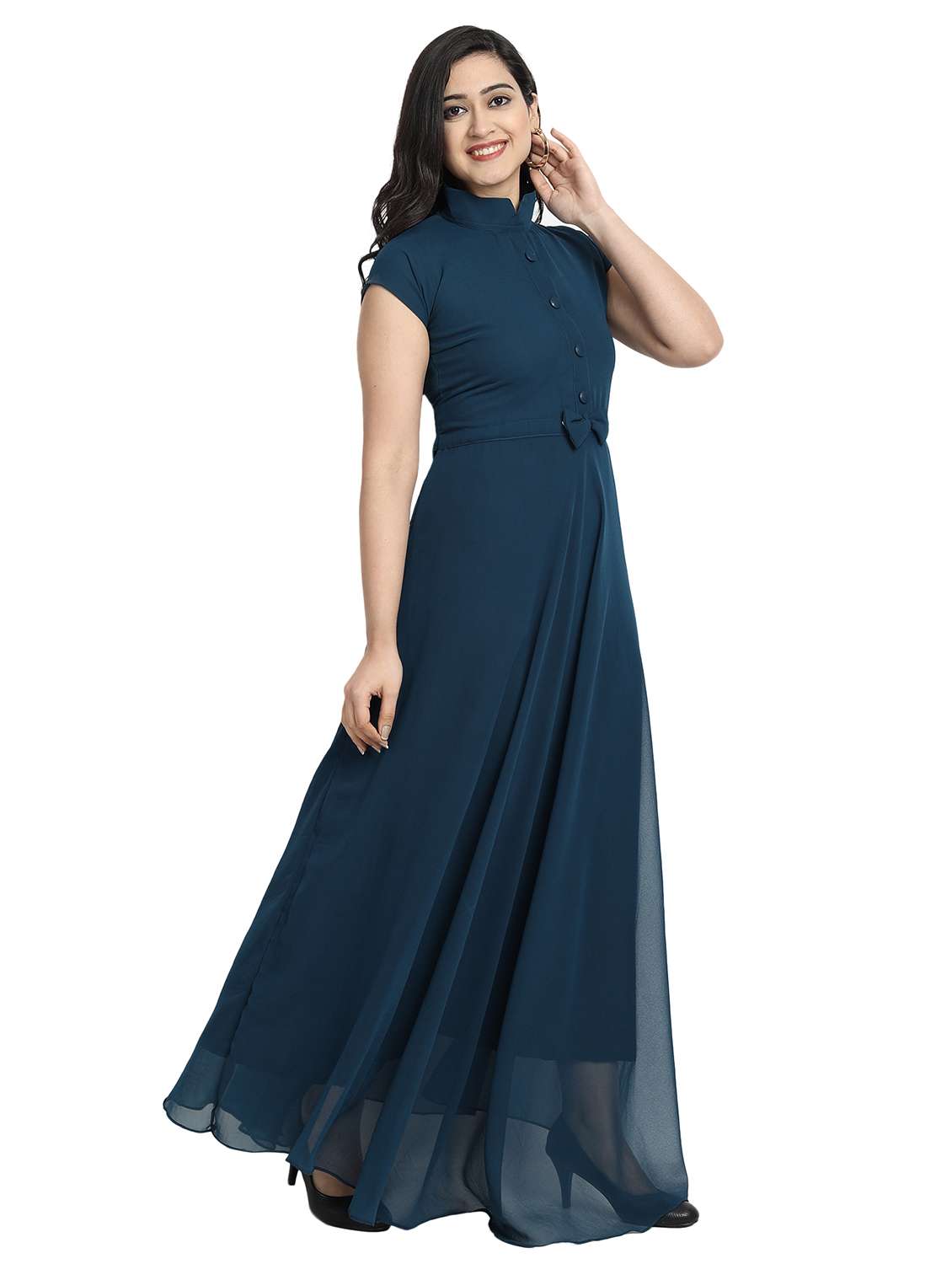 women solid mandarin neck fit & flare maxi dress - 21981941 -  Standard Image - 1
