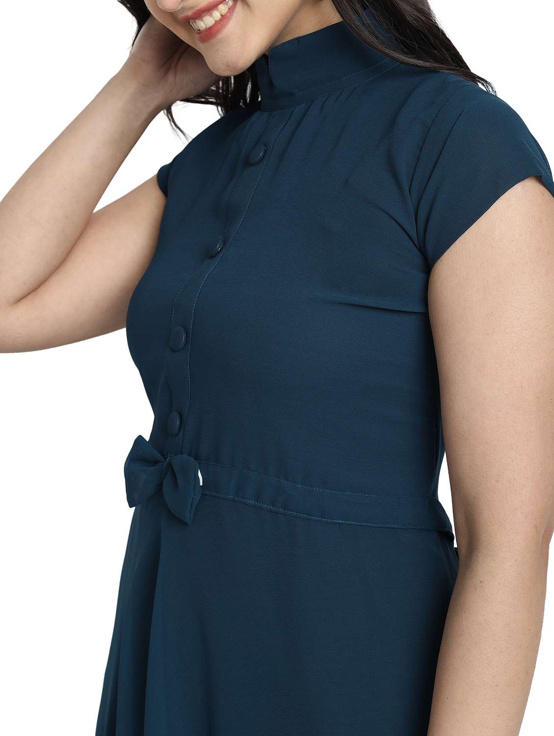 women solid mandarin neck fit & flare maxi dress - 21981941 -  Standard Image - 4