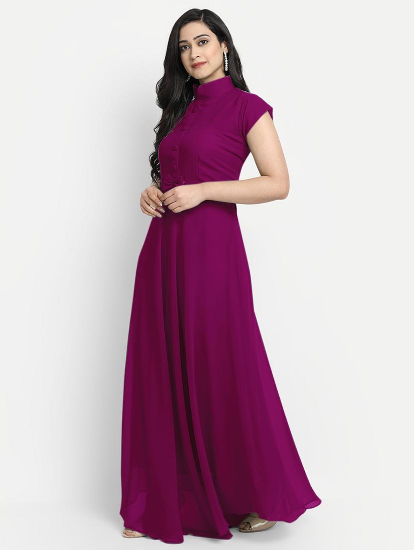 women solid mandarin neck fit & flare maxi dress - 21981942 -  Standard Image - 1