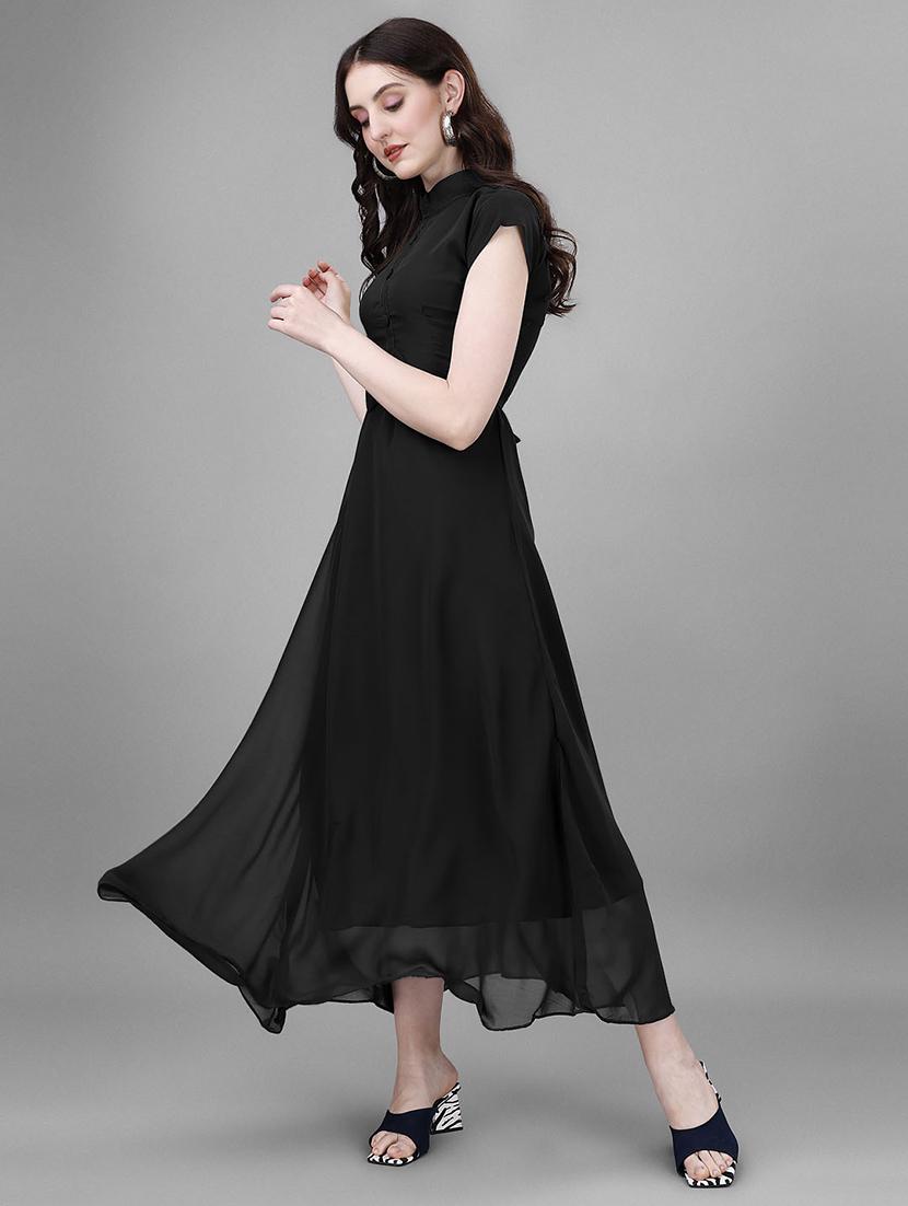 women solid mandarin neck fit & flare maxi dress - 21981946 - Standard Image - 1