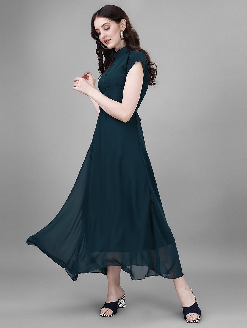 women solid mandarin neck fit & flare maxi dress - 21981947 - Standard Image - 1