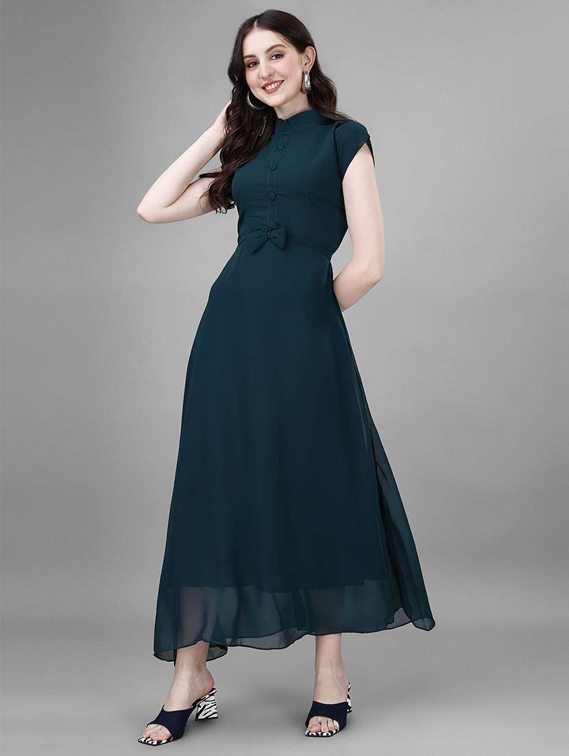 women solid mandarin neck fit & flare maxi dress