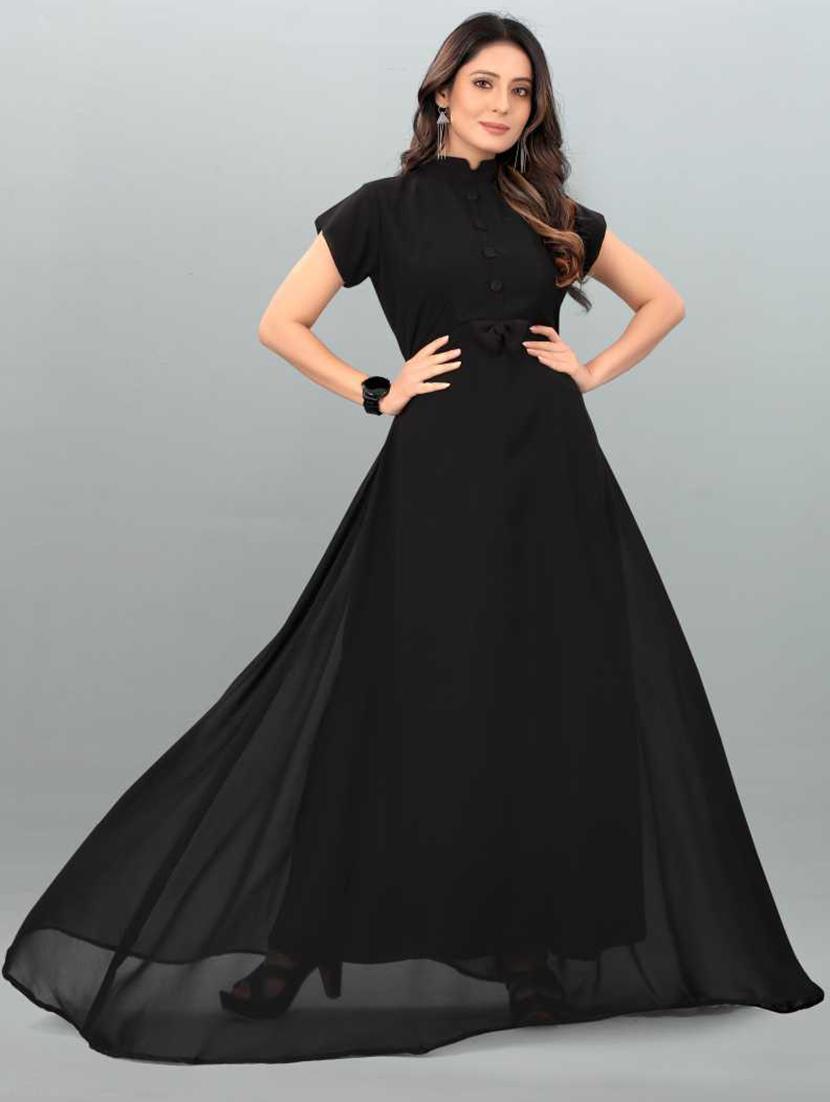 women solid mandarin neck fit & flare maxi dress - 21981955 -  Standard Image - 1