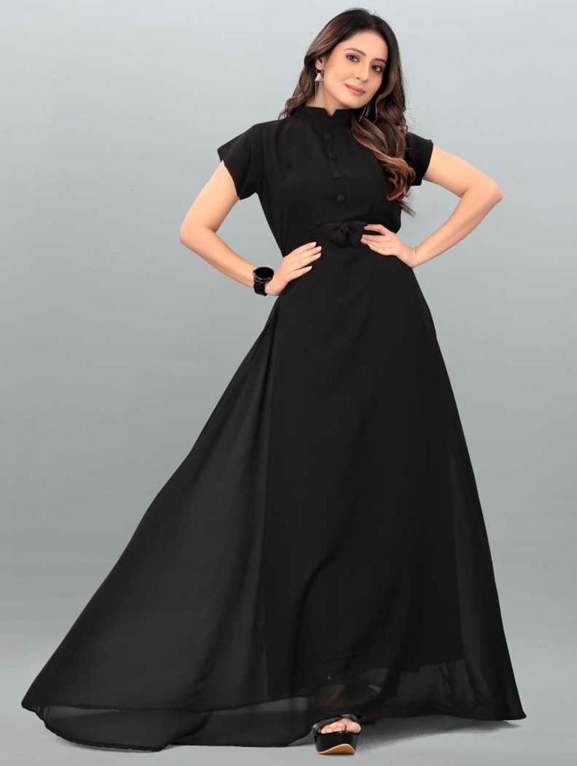 women solid mandarin neck fit & flare maxi dress - 21981955 - Standard Image - 4