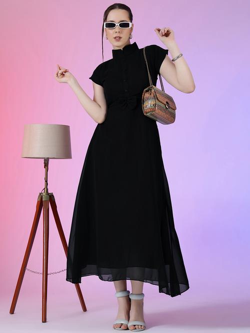 women solid mandarin neck fit & flare maxi dress - 21981958 -  Standard Image - 0