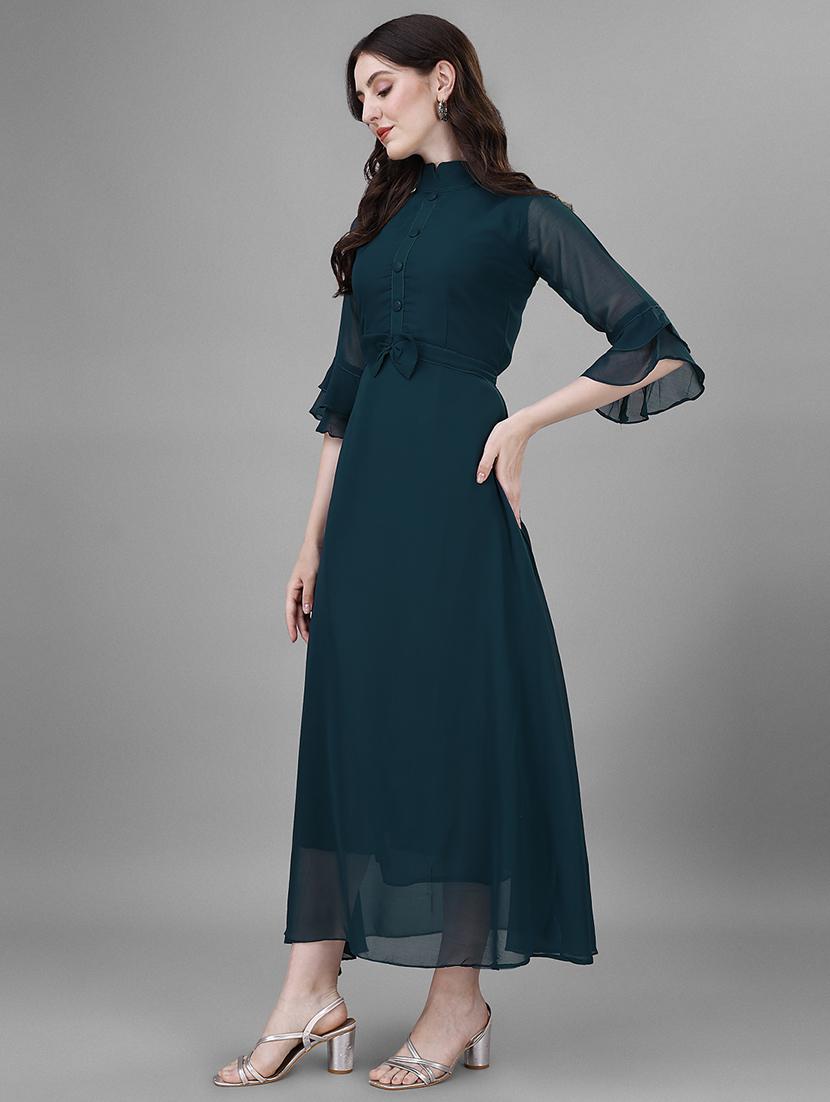 women solid mandarin neck fit & flare maxi dress - 21981983 -  Standard Image - 1
