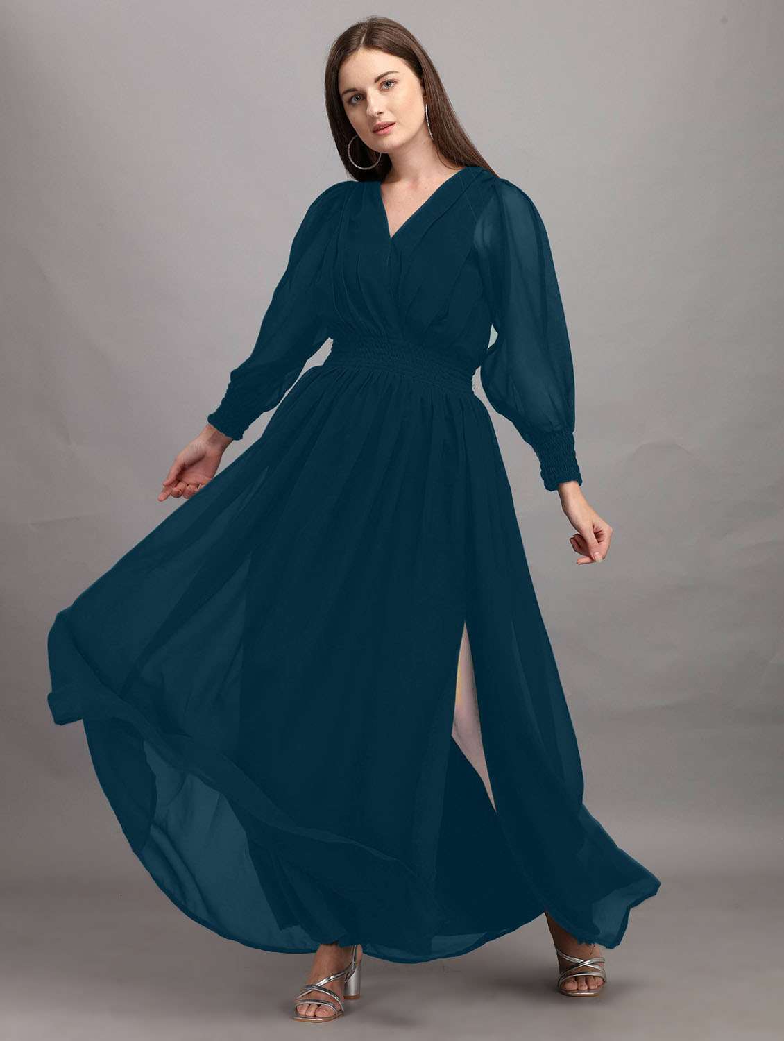 women solid puff sleeve side slit fit & flare dress - 21981994 -  Standard Image - 1