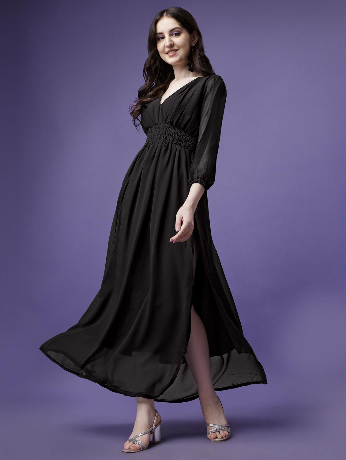 women solid puff sleeve fit & flare maxi dress - 21981997 -  Standard Image - 1