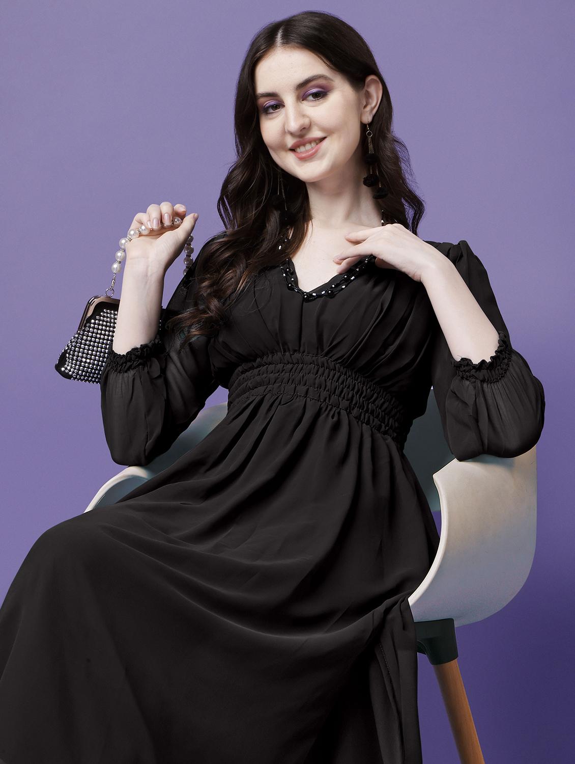 women solid puff sleeve fit & flare maxi dress - 21981997 - Standard Image - 4