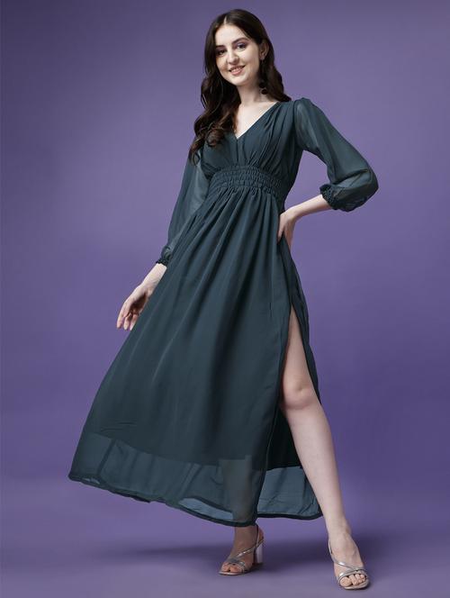 women solid puff sleeve fit & flare maxi dress - 21981998 - Standard Image - 0