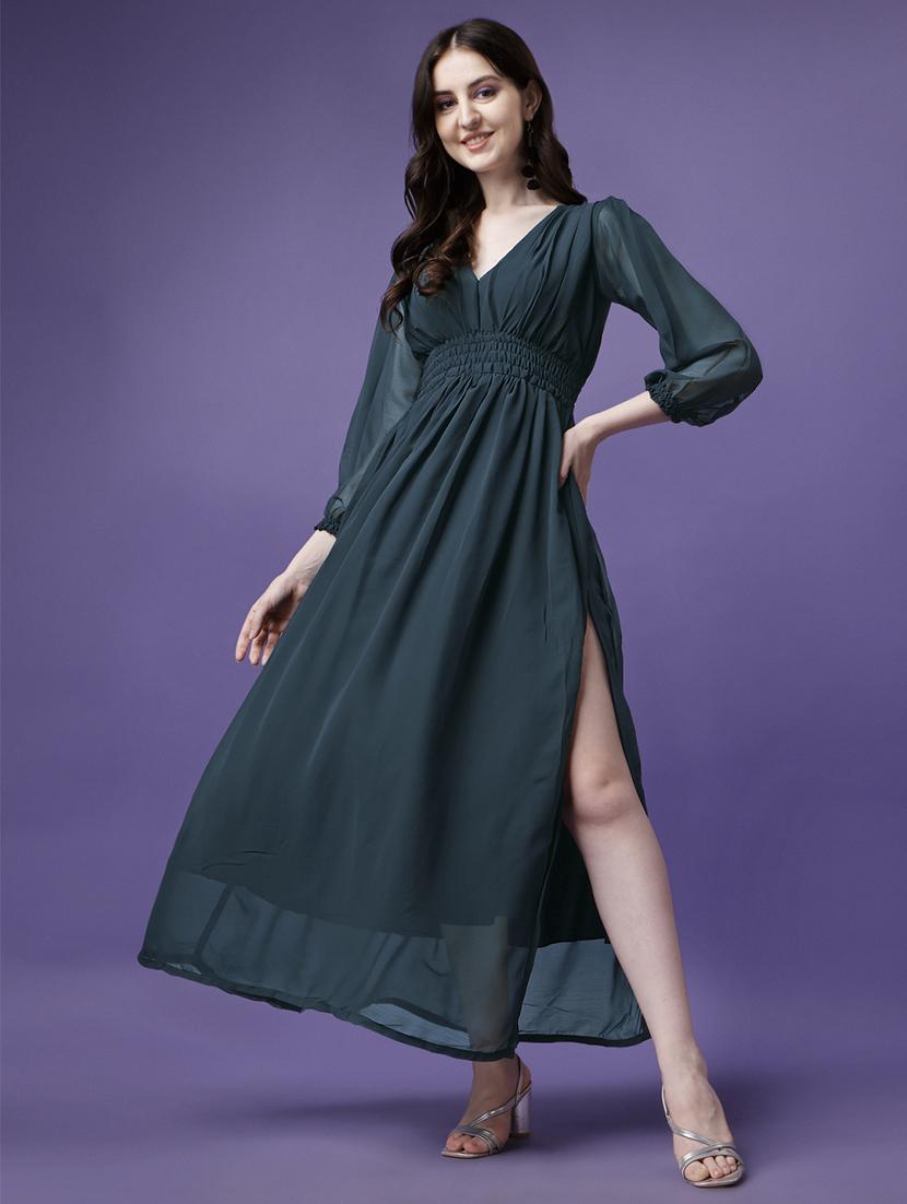 women solid puff sleeve fit & flare maxi dress - 21981998 - Zoom Image - 0