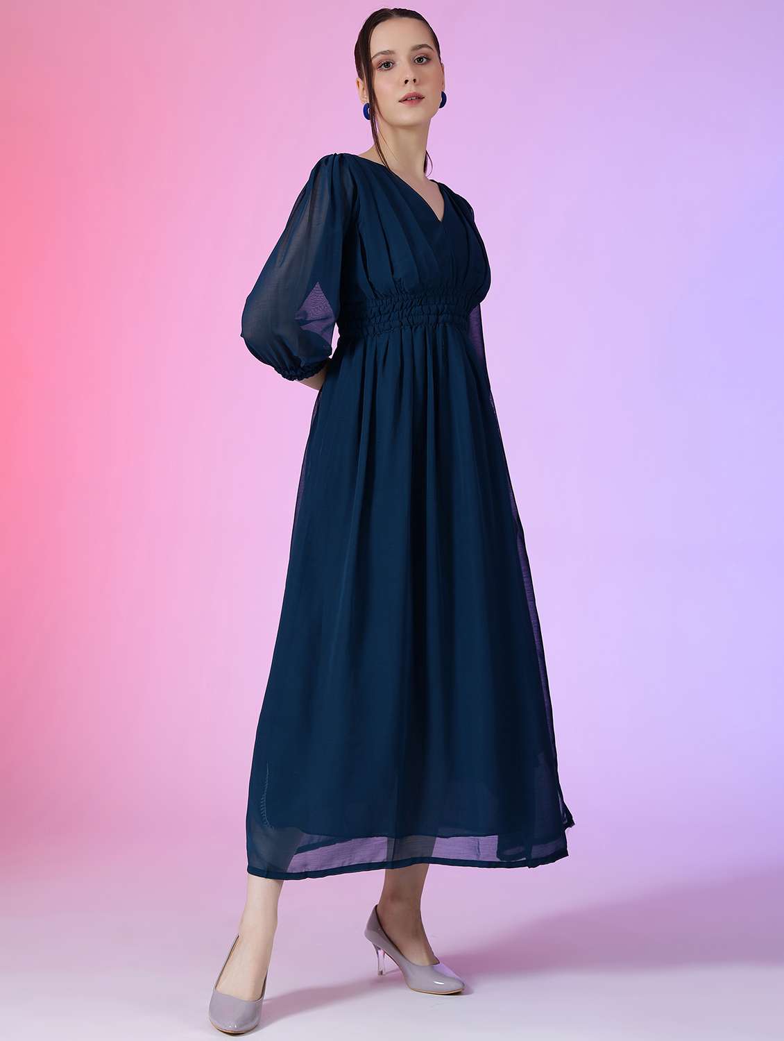 women solid puff sleeve fit & flare maxi dress - 21982006 -  Standard Image - 1
