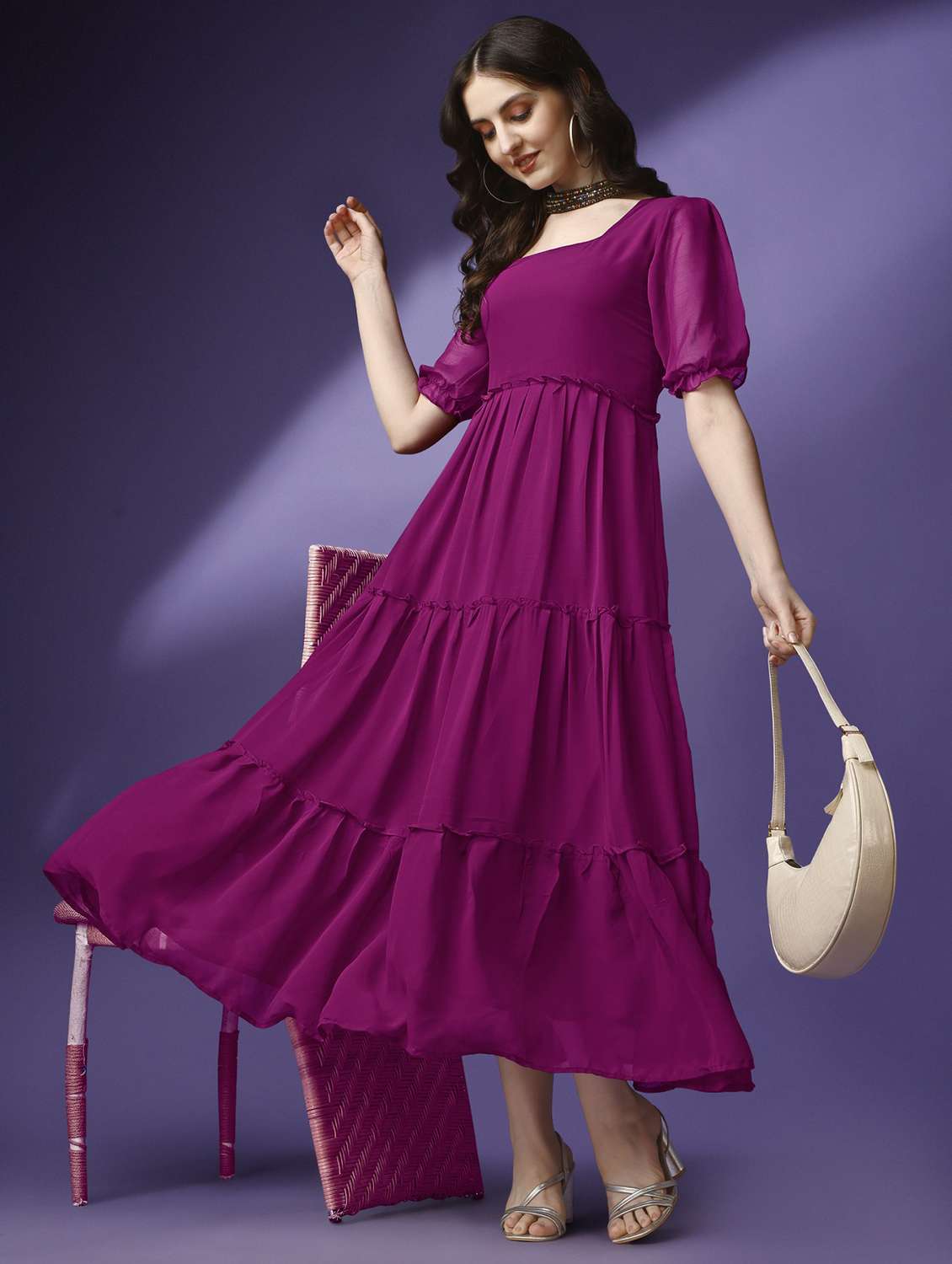 women solid puff sleeve tiered maxi dress - 21982041 -  Standard Image - 1