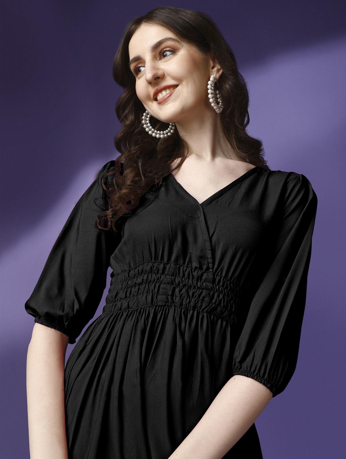 women solid puff sleeve tiered maxi dress - 21982063 - Standard Image - 4