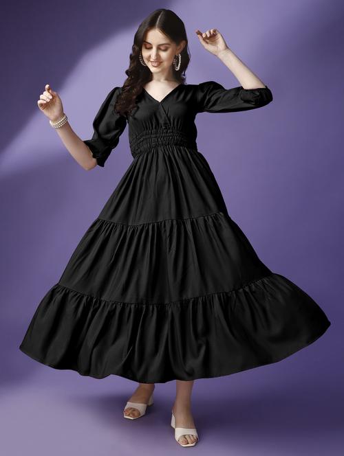 women solid puff sleeve tiered maxi dress - 21982069 -  Standard Image - 0