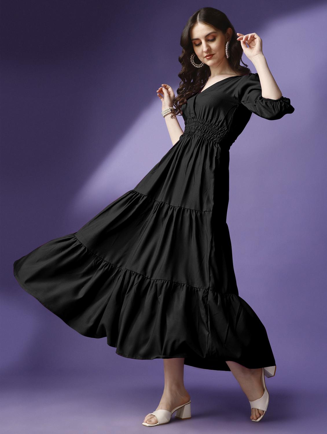 women solid puff sleeve tiered maxi dress - 21982069 - Standard Image - 1