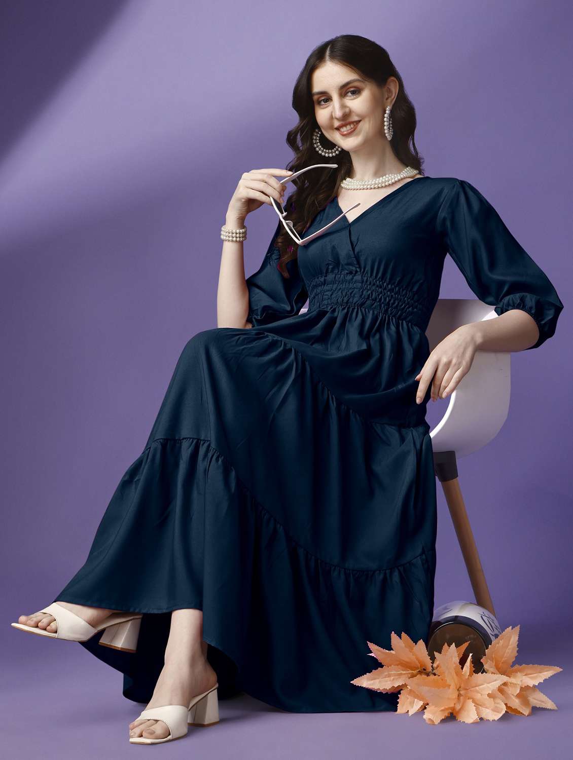 women solid puff sleeve tiered maxi dress - 21982072 - Zoom Image - 0