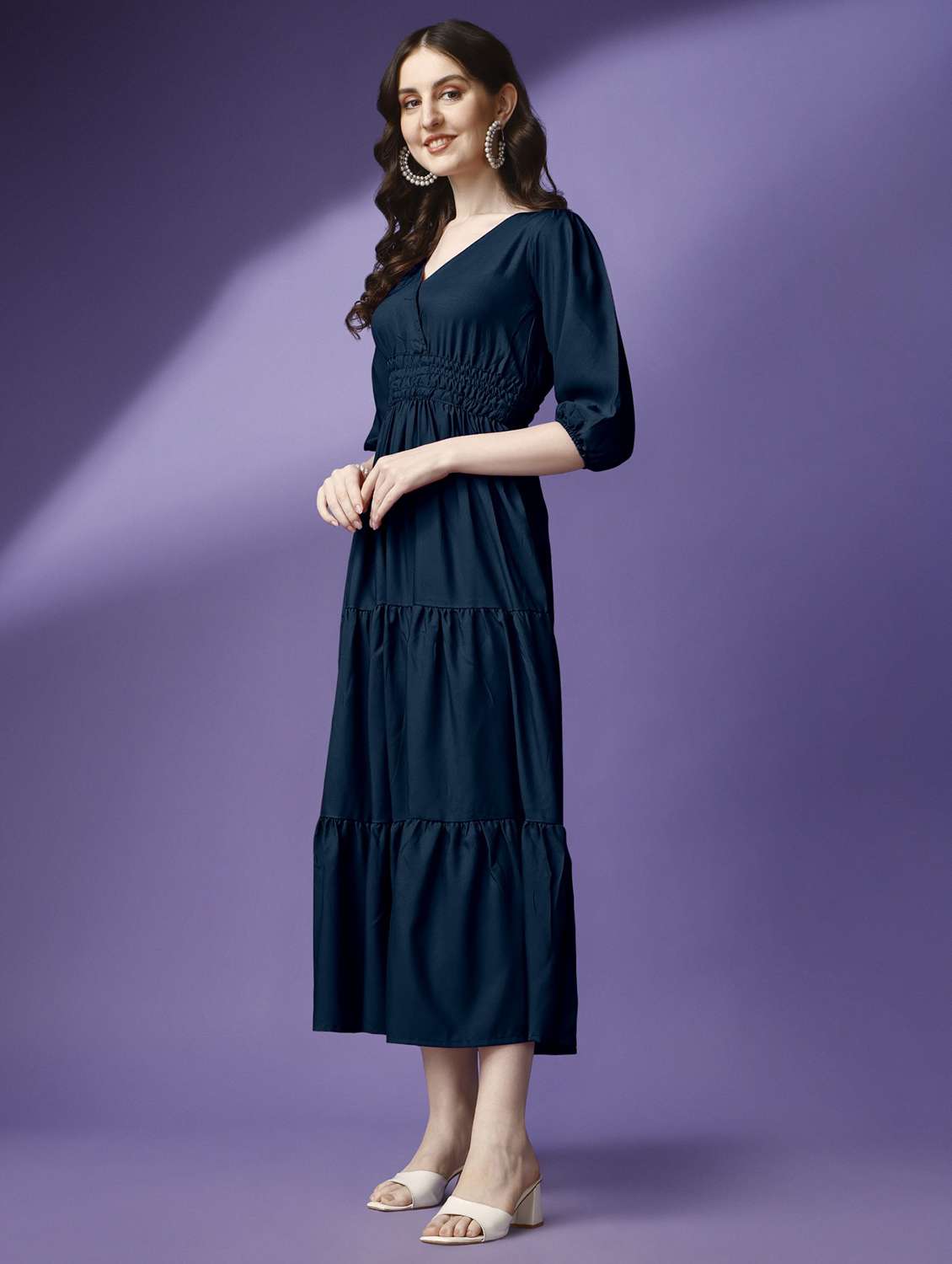 women solid puff sleeve tiered maxi dress - 21982072 - Standard Image - 1