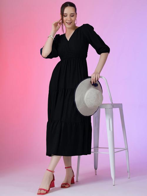 women solid puff sleeve tiered dress - 21982073 -  Standard Image - 0