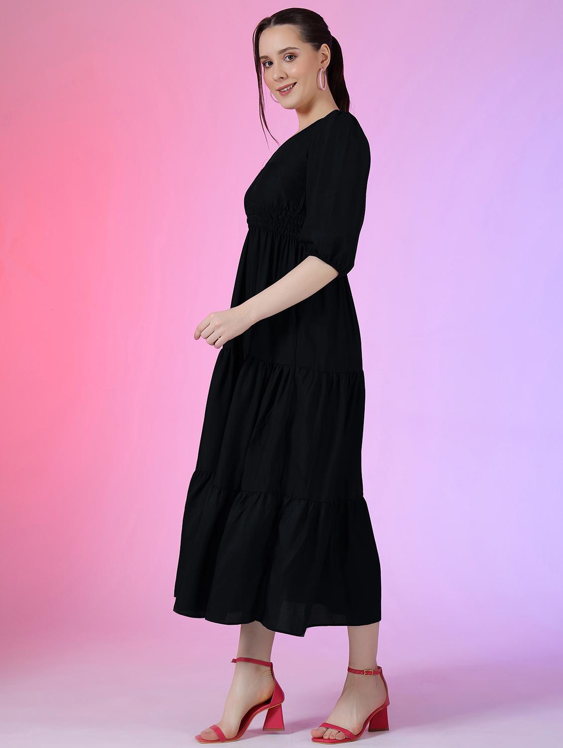 women solid puff sleeve tiered dress - 21982073 - Standard Image - 1