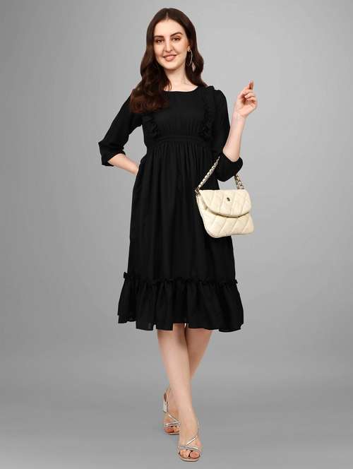 women solid puff sleeve tiered dress - 21982099 - Standard Image - 0