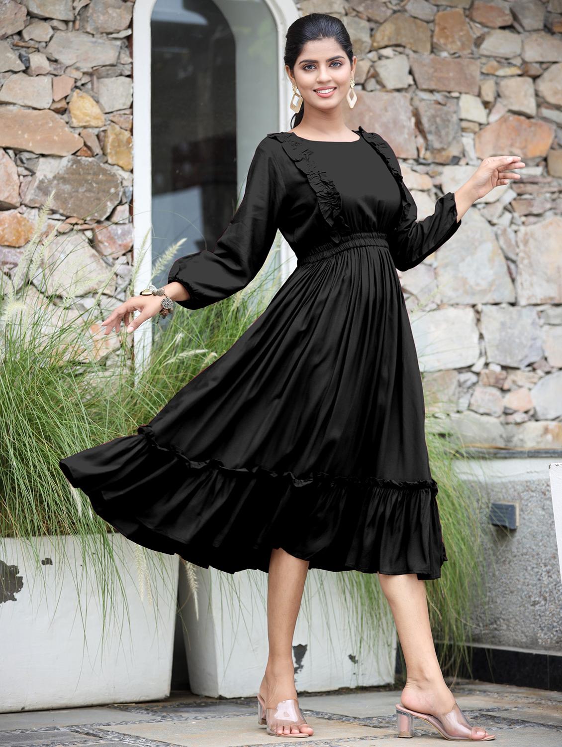 women solid puff sleeve tiered dress - 21982107 - Standard Image - 1