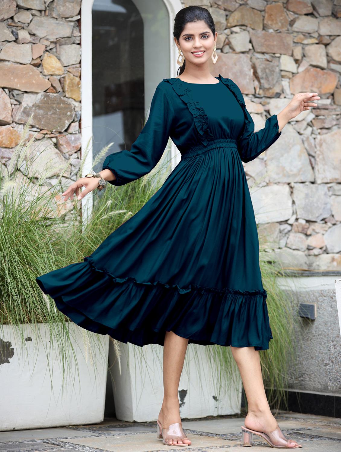 women solid puff sleeve tiered dress - 21982108 - Standard Image - 1