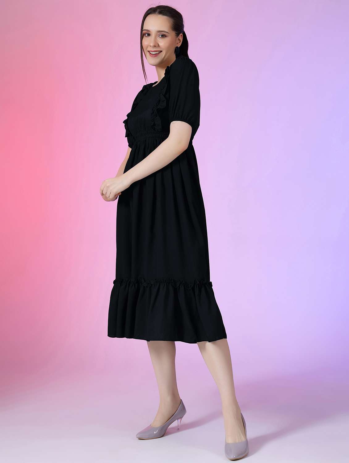 women solid puff sleeve tiered dress - 21982111 -  Standard Image - 1