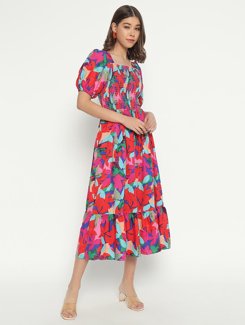 women printed puff sleeve tiered dress - 21982154 - Standard Image - 1