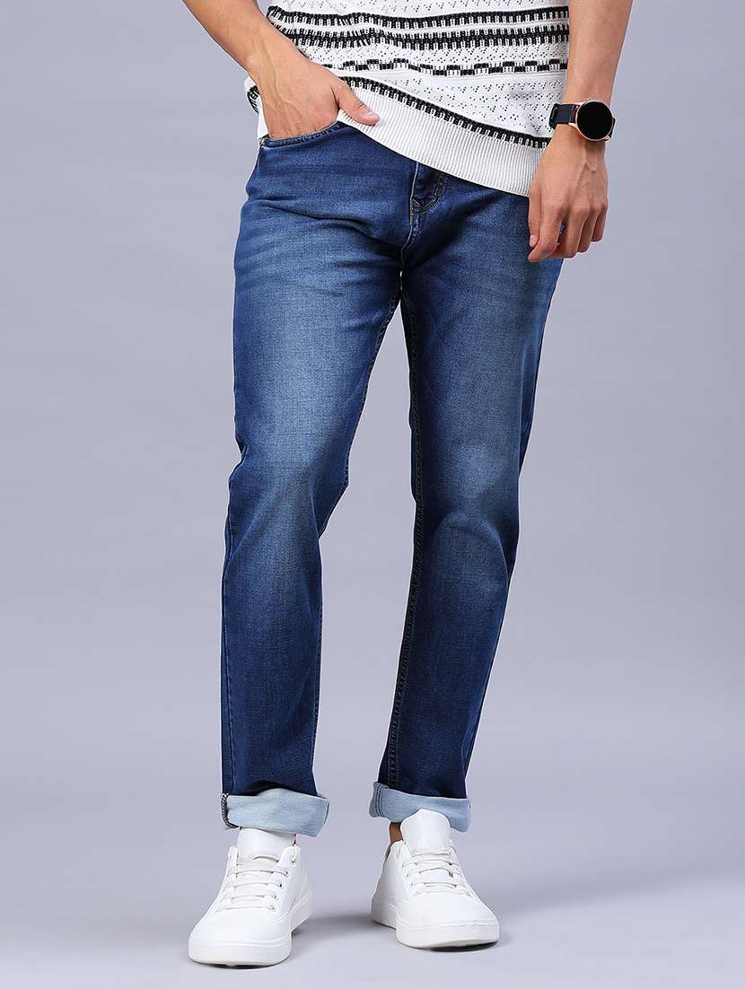 men washed mid rise full length jeans