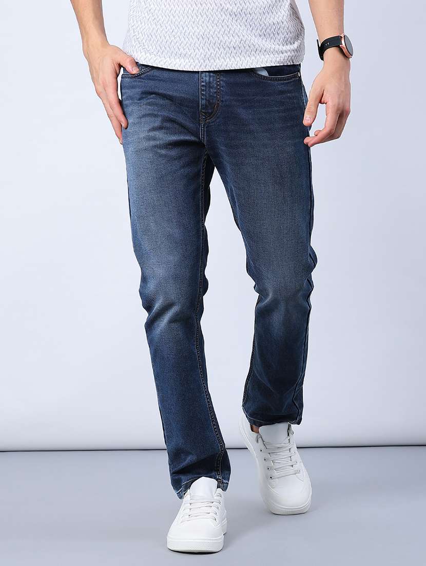 men washed mid rise full length jeans