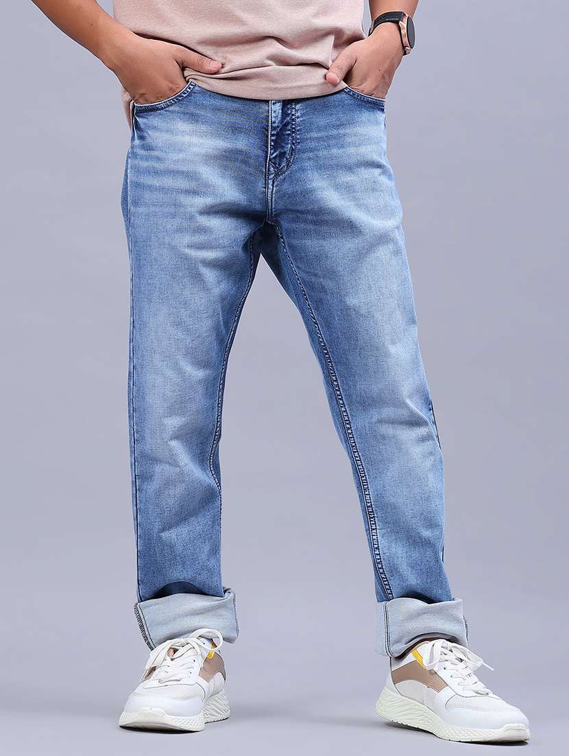 men washed mid rise full length jeans