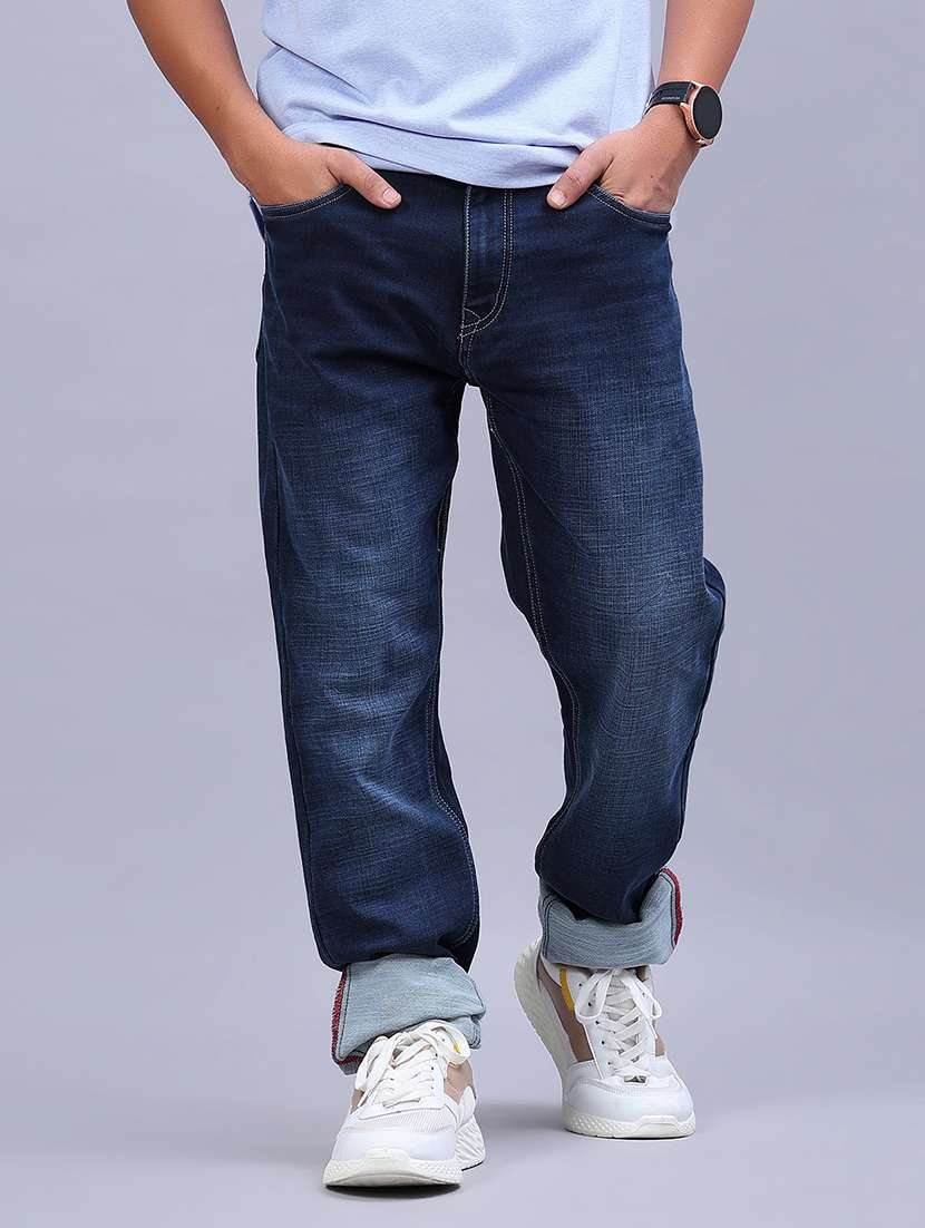 men washed mid rise full length jeans