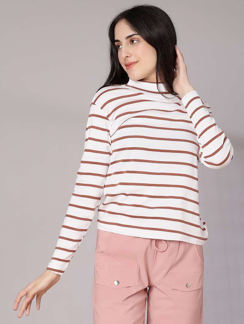 women striped mock neck long sleeve t-shirt